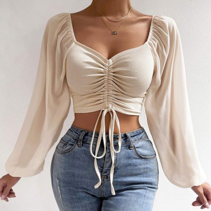 2025 Spring and Autumn Splicing Chiffon Drawstring Lantern Sleeve Tight Fashion Women's Tops T-Shirt 2025 Spring and Autumn Splicing Chiffon Drawstring Lantern Sleeve Tight Fashion Women's Tops T-Shirt