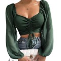 2025 Spring and Autumn Splicing Chiffon Drawstring Lantern Sleeve Tight Fashion Women's Tops T-Shirt 2025 Spring and Autumn Splicing Chiffon Drawstring Lantern Sleeve Tight Fashion Women's Tops T-Shirt