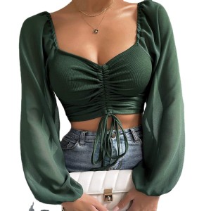 2025 Spring and Autumn Splicing Chiffon Drawstring Lantern Sleeve Tight Fashion Women's Tops T-Shirt 