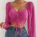 2025 Spring and Autumn Splicing Chiffon Drawstring Lantern Sleeve Tight Fashion Women's Tops T-Shirt 2025 Spring and Autumn Splicing Chiffon Drawstring Lantern Sleeve Tight Fashion Women's Tops T-Shirt