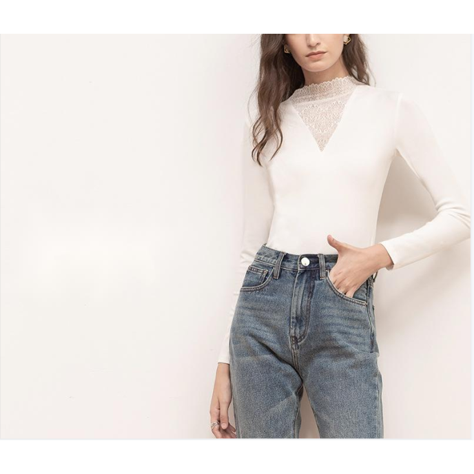 Half-high neck new white lace splicing Slim inner bottoming shirt tops T-shirt Women's Half-high neck new white lace splicing Slim inner bottoming shirt tops T-shirt Women's