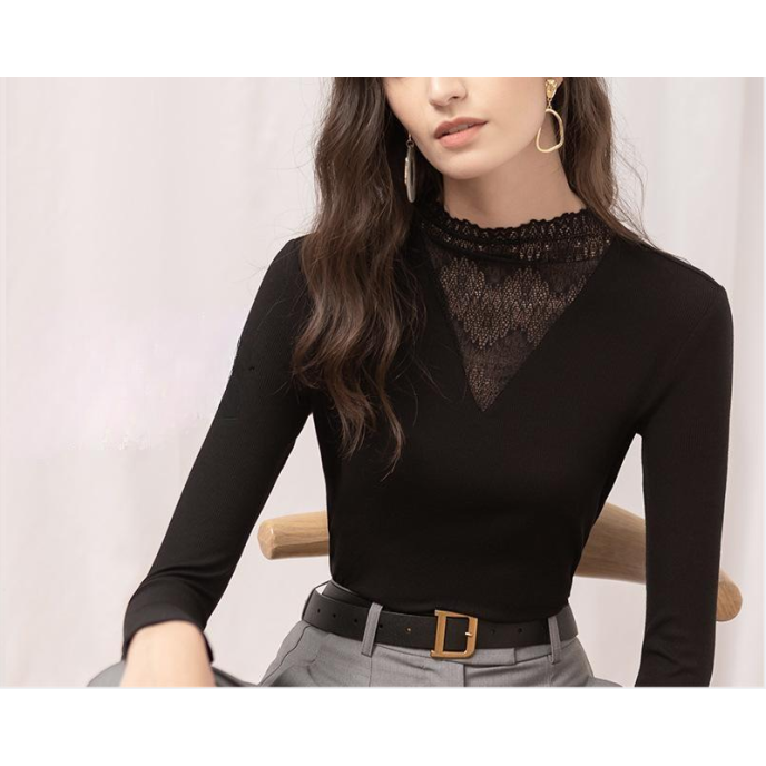 Half-high neck new white lace splicing Slim inner bottoming shirt tops T-shirt Women's Half-high neck new white lace splicing Slim inner bottoming shirt tops T-shirt Women's