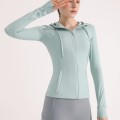 Nude feeling matte yoga suit jacket for women's running, quick drying, breathable, slimming and tight fitting hooded fitness suit top