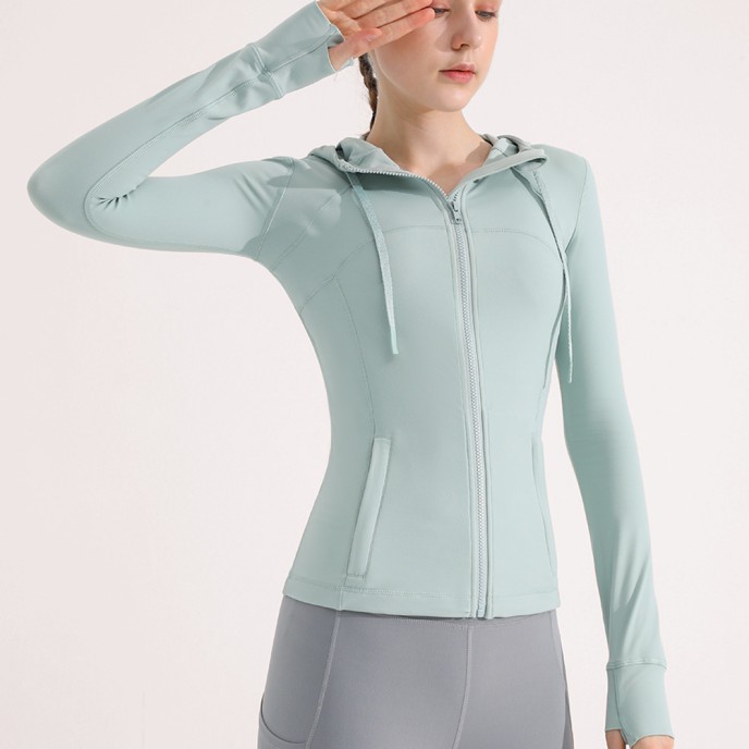 Nude feeling matte yoga suit jacket for women's running, quick drying, breathable, slimming and tight fitting hooded fitness suit top