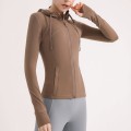 Nude feeling matte yoga suit jacket for women's running, quick drying, breathable, slimming and tight fitting hooded fitness suit top