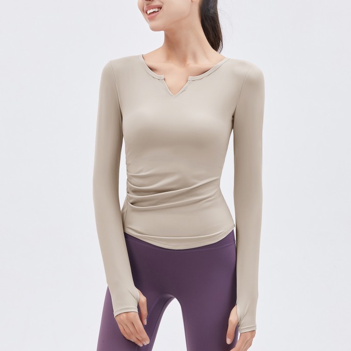 2025 Spring New Yoga Dress Long sleeved T-shirt Running Sports Top V-neck Nude Fitness Top Women's Chest Cushion 2025 Spring New Yoga Dress Long sleeved T-shirt Running Sports Top V-neck Nude Fitness Top Women's Chest Cushion