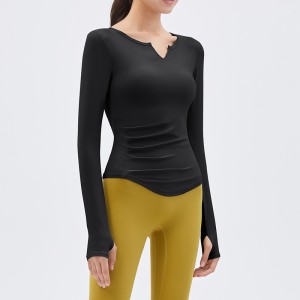 2025 Spring New Yoga Dress Long sleeved T-shirt Running Sports Top V-neck Nude Fitness Top Women's Chest Cushion